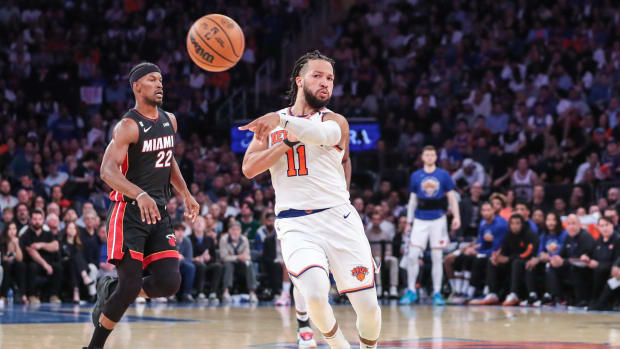 May 10, 2023; New York, New York, USA; New York Knicks guard Jalen Brunson (11) makes a pass during game five of the 2023 NBA playoffs against the Miami Heat at Madison Square Garden. Mandatory Credit: Wendell Cruz-USA TODAY Sports